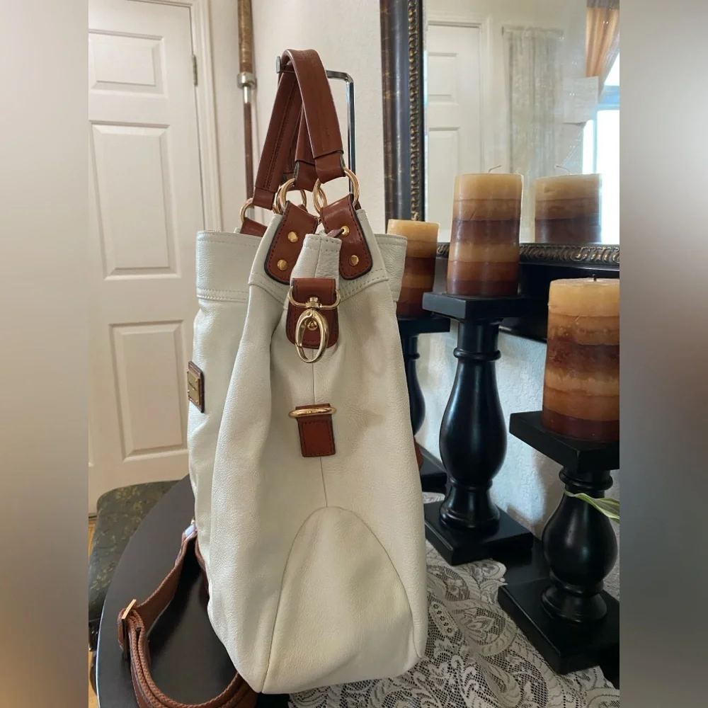 Cynthia Rowley Womens Shoulder Bag, Leather Zip Pockets Off White/Brown, X LRG - Picture 5 of 16